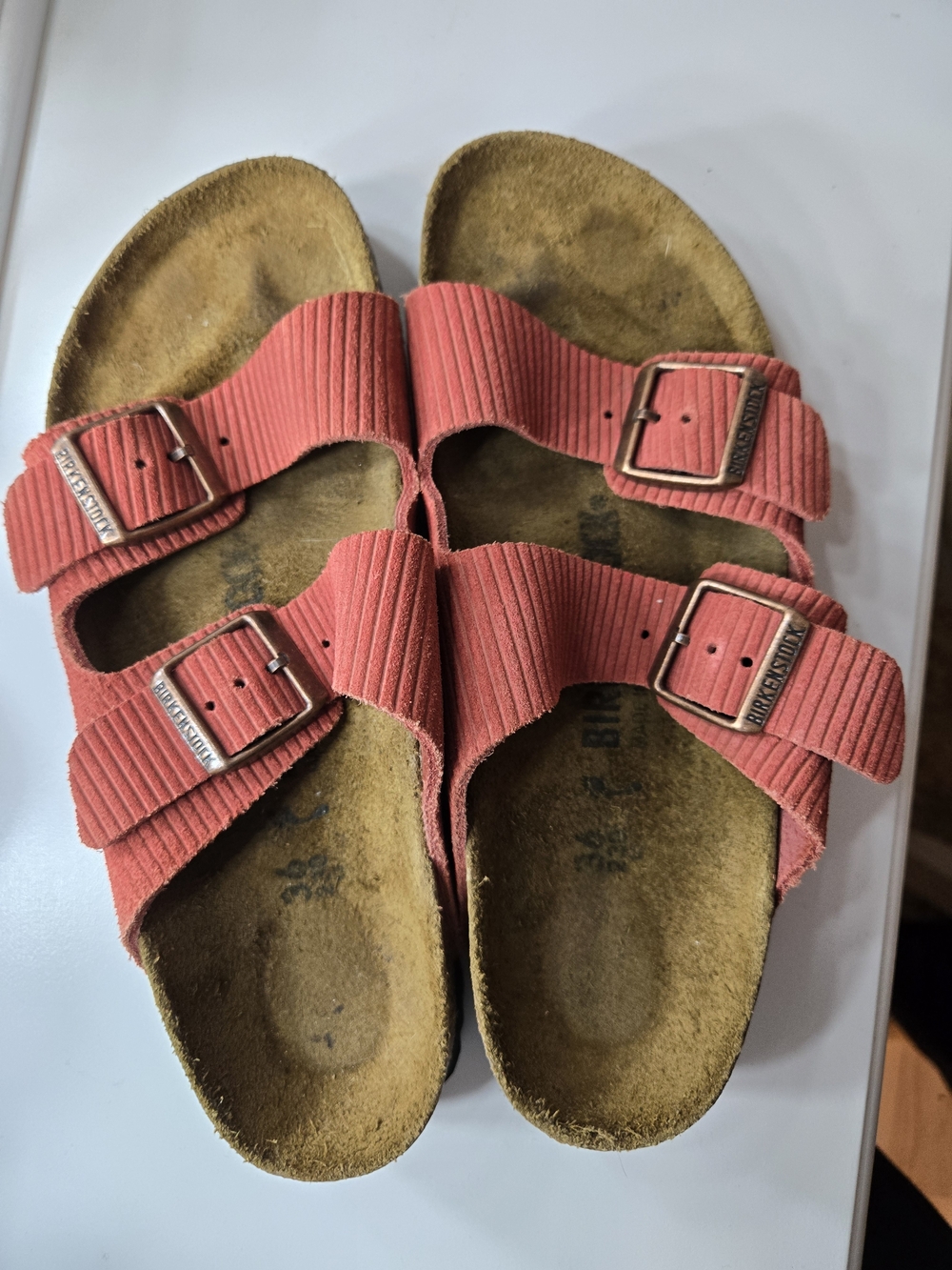 Birkenstock Coral Red Corduroy Two-Strap Sandals